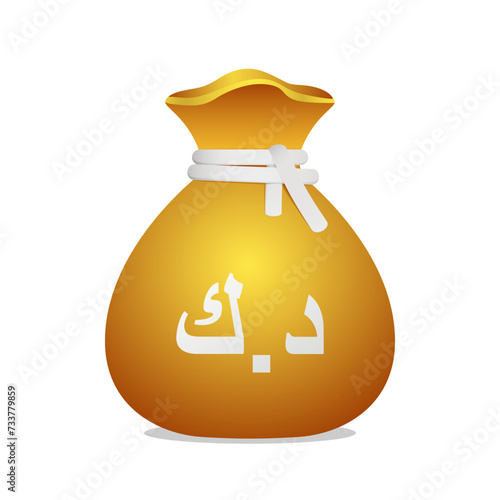 Moneybag with Kuwaiti Dinar symbol. Cash money, currency, business and financial item. Golden bag icon.