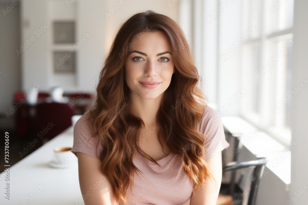 Portrait of a beautiful young woman with long brown hair looking at camera.