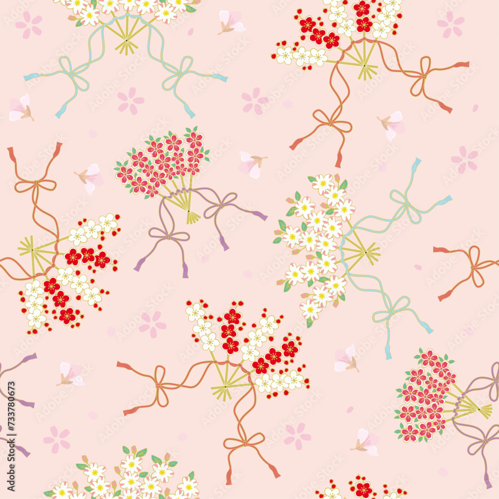 Vector seamless pattern of hand fan decorated with flowers, classic Japanese pattern