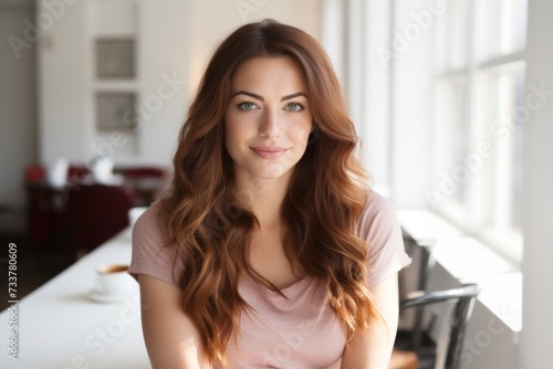 Portrait of a beautiful young woman with long brown hair looking at camera.