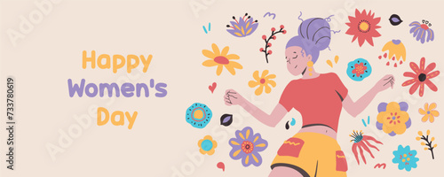 8th March Happy Women's Day banner with happy free woman jumping in air.  Colored flat vector illustration isolated on simple background. Concept of freedom, happiness and aspirations