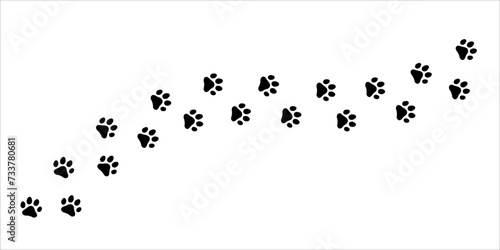 Paw print trail on white background. Vector cat or dog, pawprint walk line path pattern background.