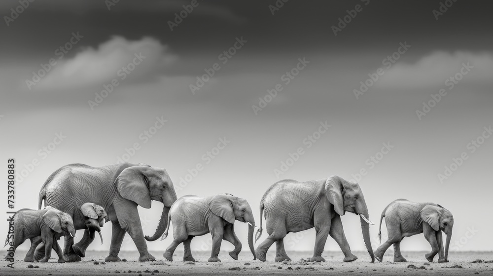 Majestic Family of Elephants Striding through the African Plains AI Generated.