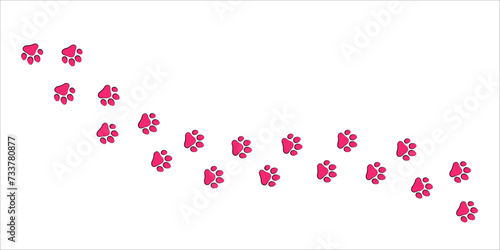 Paw print trail on white background. Vector cat or dog, pawprint walk line path pattern background.