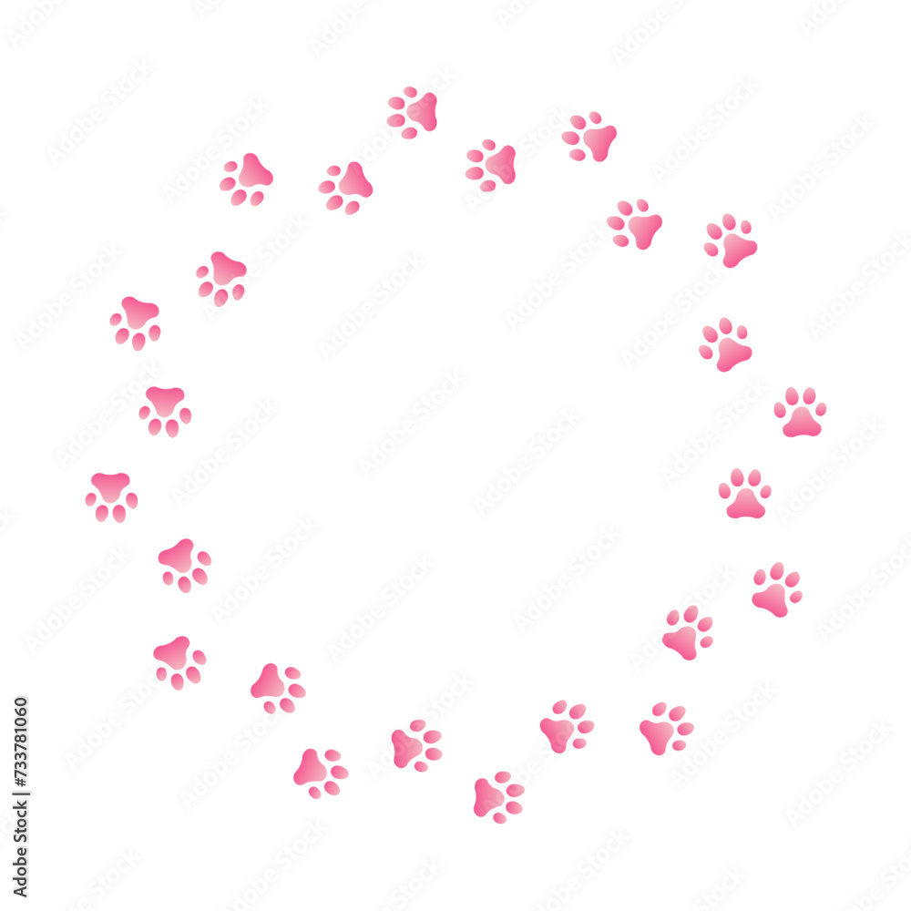 Paw print trail on white background. Vector cat or dog, pawprint walk circle path pattern background.