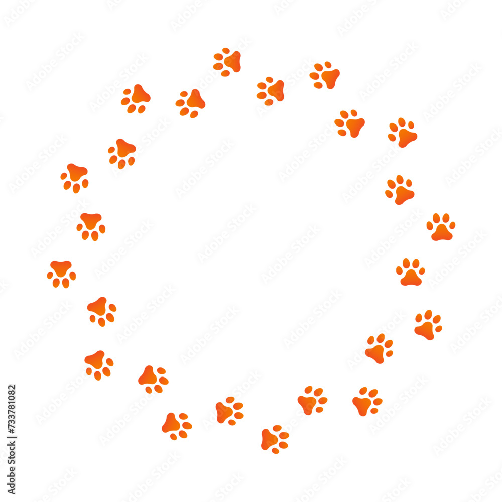 Paw print trail on white background. Vector cat or dog, pawprint walk circle path pattern background. Paw print trail on white background. Vector cat or dog, pawprint walk circle path pattern background.