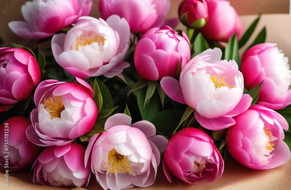 Fototapeta premium Garden flowers are pink peonies. Flower cards, background, screensaver, greetings, women's day, birthday. 