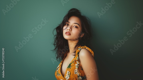 Sensual Asian woman looking at the camera on a plain green background