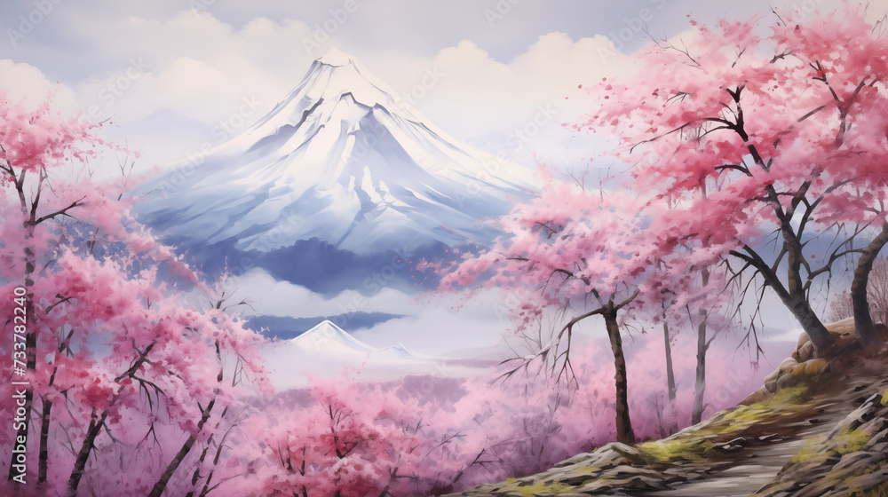 Landscape paintings of mountains, forests, rivers, with snowy mountains in the background. In front of the pink tree There is a river and it is covered with fog.