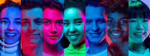 Collage made of close-up portraits of smiling young people of different age, gender and nationality, looking at camera against multicolored neon lights. Concept of human emotions, youth, diversity