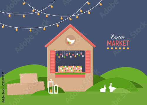 Illustration of the Easter market with the house with garland of Easter eggs and Easter bunnies on the nature