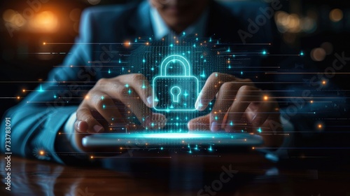 Businessman using tablet computer with digital padlock on internet technology networking and data management, Cyber security network, Data protection concept. Generative AI.