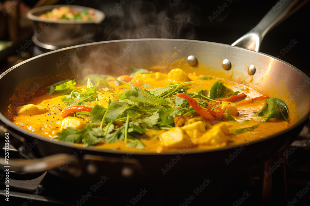 Cooking vegan Thai curry in frying pan with bright aroma. Healthy ingredients in pan promise colorful and nutritious medley for special guests