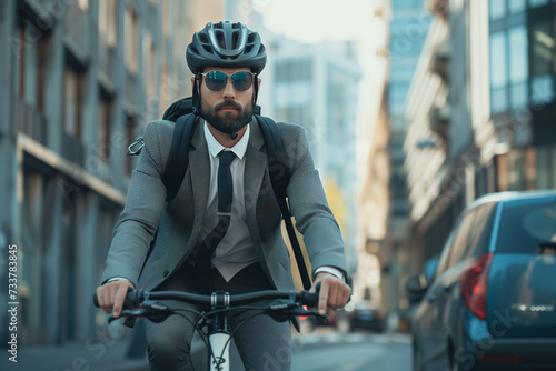 Businessman in a business suit riding a bike in the city