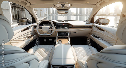 A luxury SUV interior, advanced, future, large area soft bag material. Generative AI.