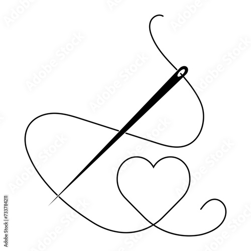 Cutting sewing logo, needle thread heart one line, sewing workshop