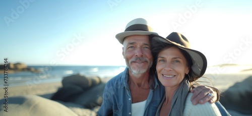 Cute senior middle aged retiree couple with perfect skincare wearing hats near the ocean on sunny morning smiling at camera