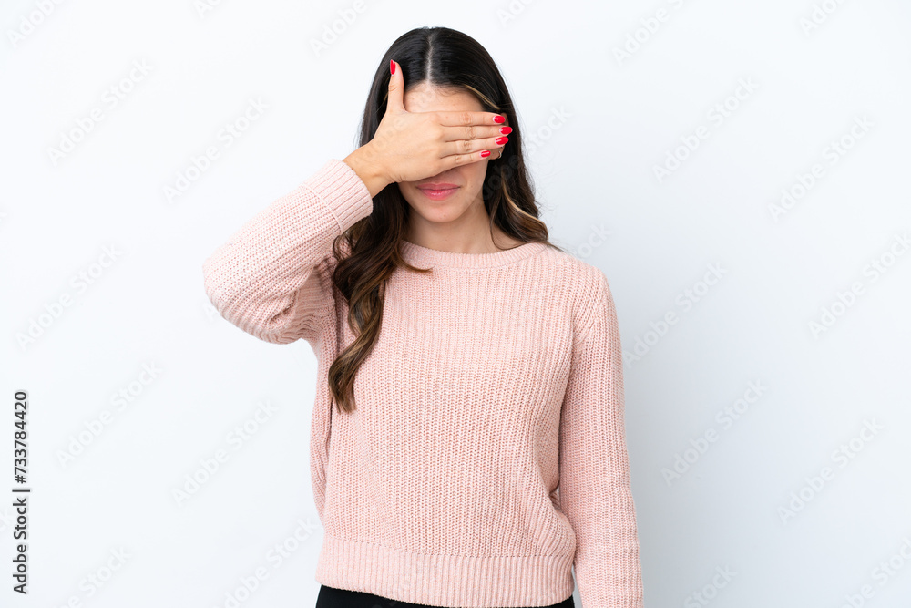 Young Italian woman isolated on white background covering eyes by hands. Do not want to see something Young Italian woman isolated on white background covering eyes by hands. Do not want to see something