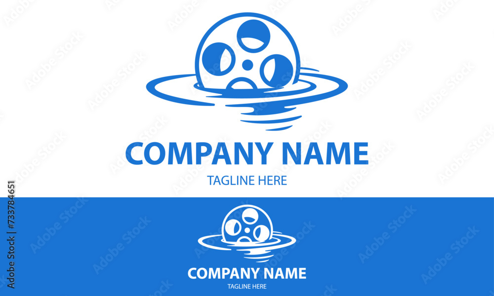 Blue Color Roll Cinema on Water Logo Design Blue Color Roll Cinema on Water Logo Design