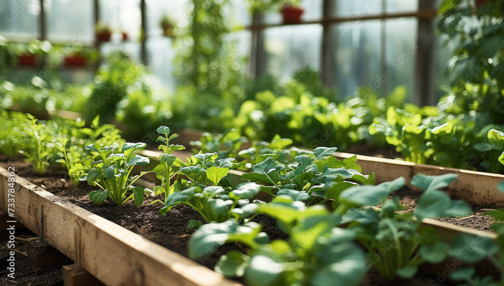 A vegetable garden in the greenhouse, summertime vibes. Generative AI. A vegetable garden in the greenhouse, summertime vibes. Generative AI.