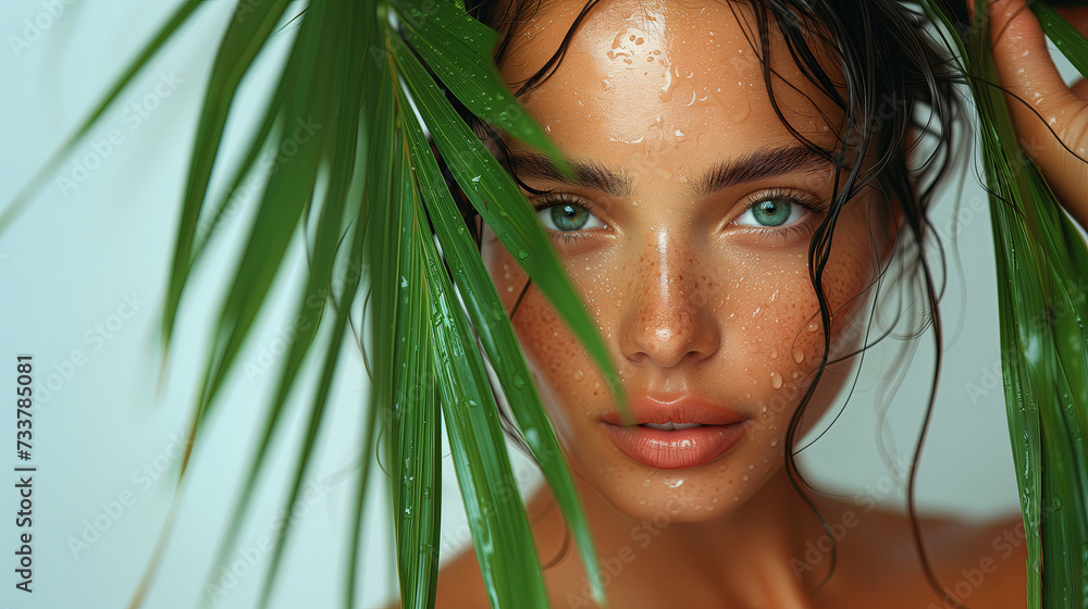 Close up face of beautiful young woman covering part of her face by green leaf while looking at camera. Portrait of beauty woman without makeup standing behind green fresh leaves with water drops