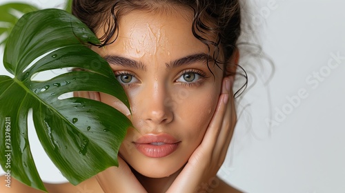 Close up face of beautiful young woman covering part of her face by green leaf while looking at camera. Portrait of beauty woman without makeup standing behind green fresh leaves with water drops #733785211