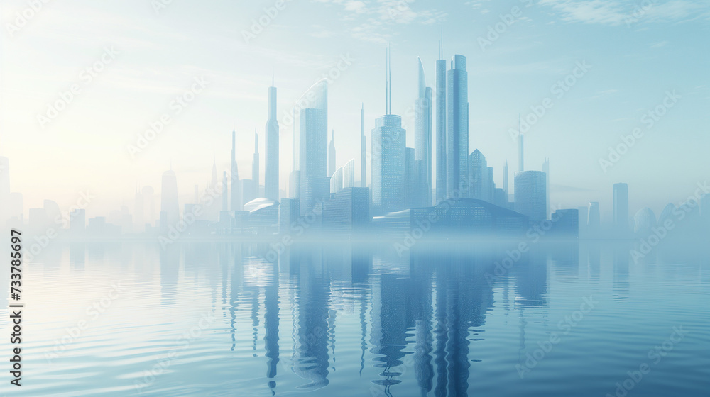 水に浮かぶ都市が水面に反射している　未来都市のイメージ