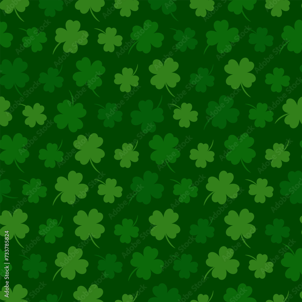 Four leaf clover, seamless pattern. Symbol of good luck. Happy St. Patricks Day. Magic, religious traditions. Monochrome green botanical illustration in flat style. For wallpaper, fabric, wrapping Four leaf clover, seamless pattern. Symbol of good luck. Happy St. Patricks Day. Magic, religious traditions. Monochrome green botanical illustration in flat style. For wallpaper, fabric, wrapping