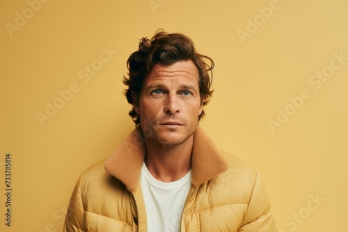 portrait of handsome man in yellow jacket looking at camera isolated on yellow