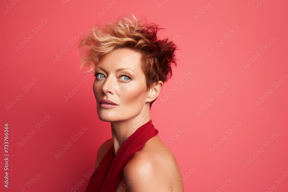 Portrait of a beautiful woman with red scarf on a pink background