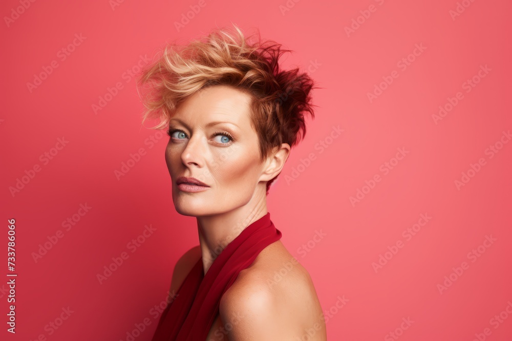 Portrait of a beautiful woman with red scarf on a pink background Portrait of a beautiful woman with red scarf on a pink background