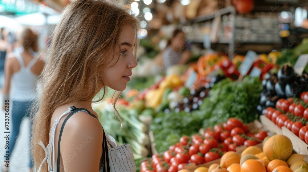 Beautiful young woman shopping at farmers market. Generative AI.