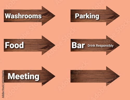 Washroom, parking, food, bar, Meeting Directional signages