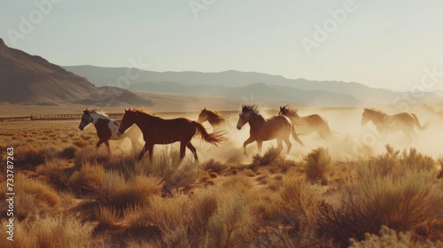 Dynamic Capture of Wild Horses Galloping Through Arid Desert AI Generated.