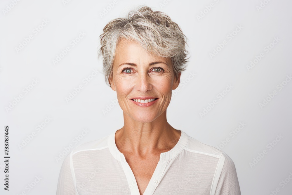 Portrait of a smiling senior woman with grey hair against white background Portrait of a smiling senior woman with grey hair against white background