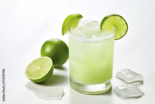 A refreshing drink with tangy citrus flavors and garnished with lime, served on a clean white surface. Generative AI