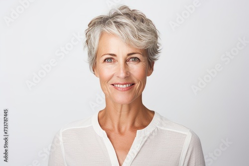 Portrait of a smiling senior woman with grey hair against white background