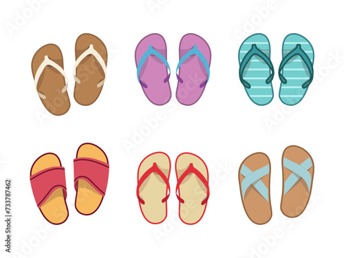 Vector summer slippers set, flat design. Vietnamese flip flops on white background. Vietnamese slates shoes for beach. Flip flops summer shoes illustration, view from above.