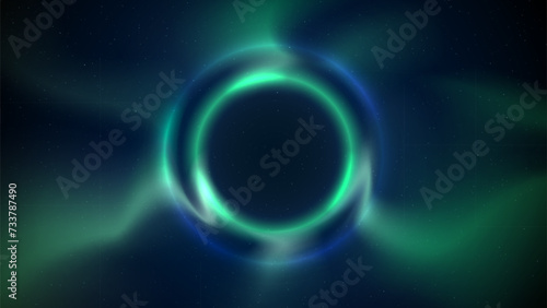 Blue green circular light frame on dark background. Shining light ring. Glowing blue green plasma circle. Abstract background, backdrop for displaying products, text, copy paste. Vector