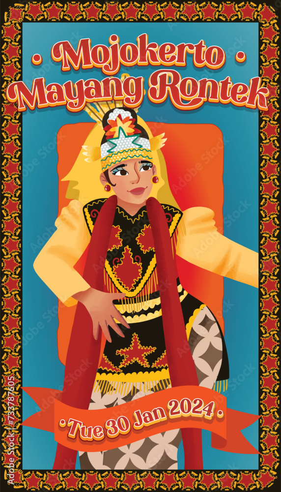 Obraz premium Mayang Rontek Dance Mojokerto Indonesia culture cell shaded hand drawn illustration