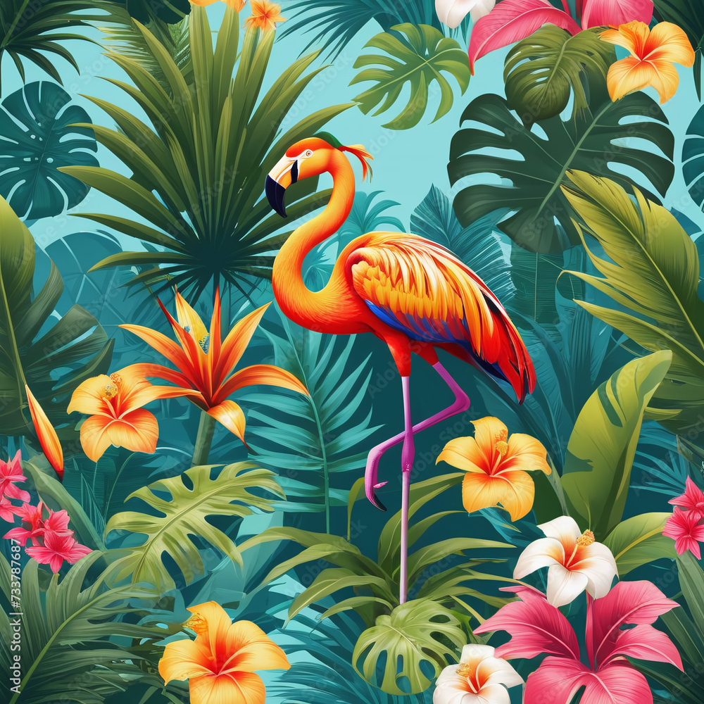 Colorful flamingo in tropical backdrop Colorful flamingo in tropical backdrop