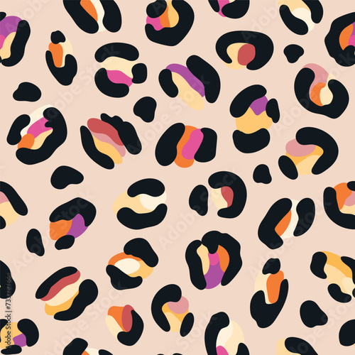 Leo seamless pattern. Random placed, abstract multi colored shapes, wildcat skin imitate. Animal skin all over surface print for fabric, paper, package. Leopard vector background. Modern wallpaper