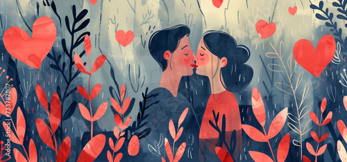 Artistic illustration of a couple kissing surrounded by heart-shaped foliage for Valentine's Day 