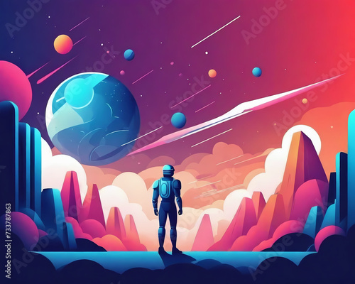 Retro Futuristic Astronaut on Strange Colorful Planet Wall Art