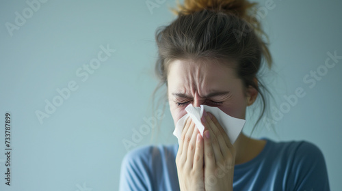 a girl blows her nose in a handkerchief, has a cold or an allergy