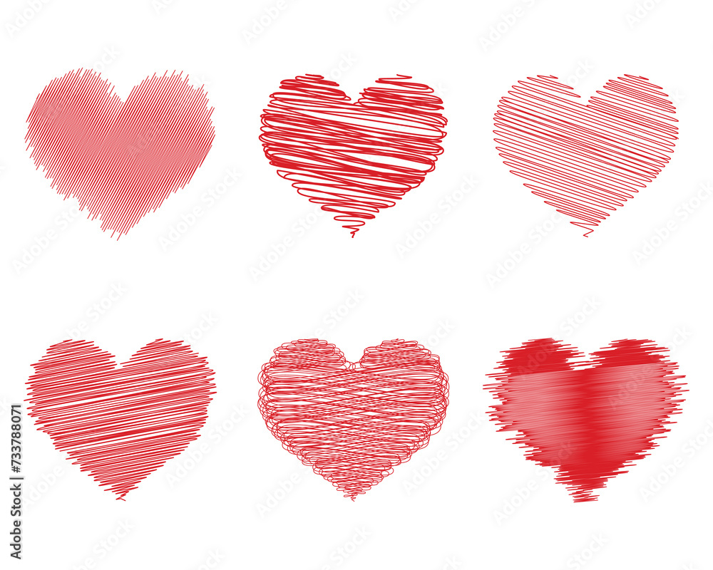 Set of vector hearts. Red hand drawn vector heart shapes