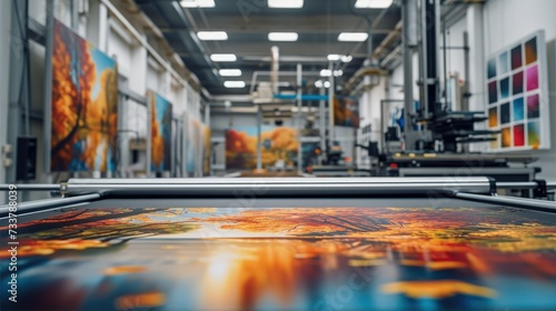 Artwork being printed on large canvas, print machine in background inside clean modern area. Generative AI. photo
