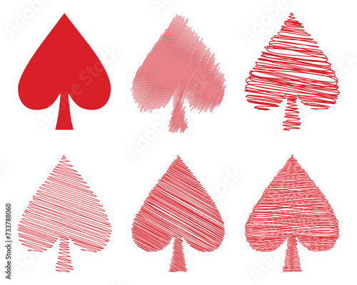 Set of red spade vector shapes. Red Hand drawn spade vector illustration. Poker card game vector