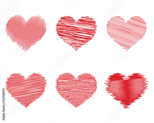 Set of vector hearts. Red hand drawn vector heart shapes