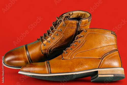 A pair of premium calfskin boots on a red background. Horizontal shot.